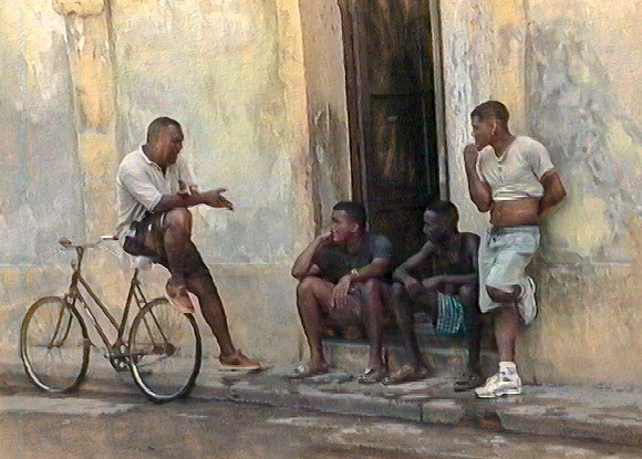 BICYCLE CONVERSATION ON STREET CUBA