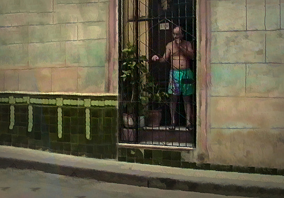 MAN IN SWIMMING TRUNKS BEHIND CAGE